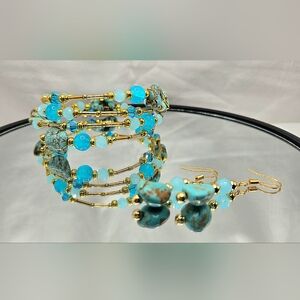 Turquoise and Gold Beaded Hoop Earrings